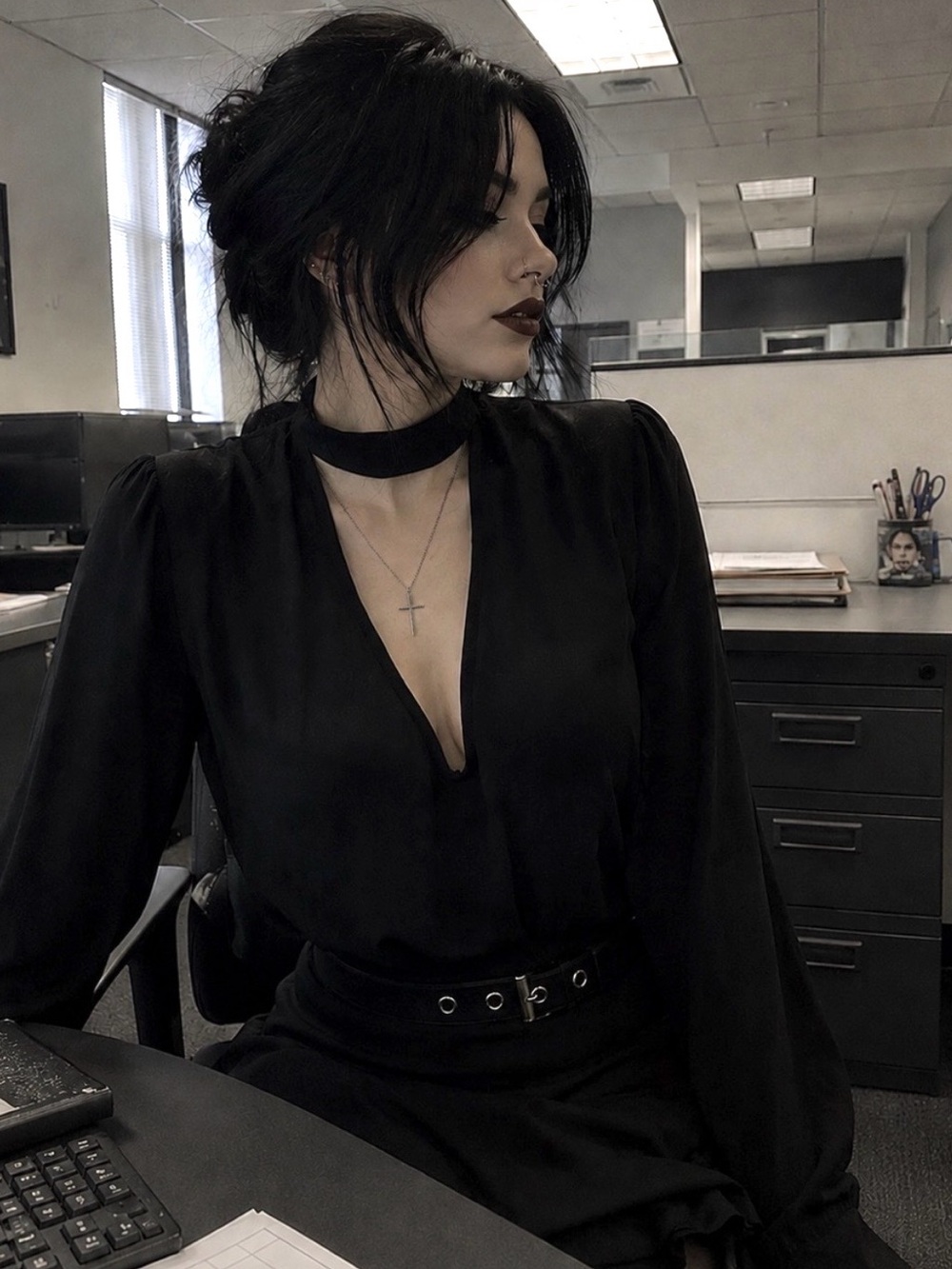 Womens Goth Office Black V-Neck Essential Comfy Long Sleeve Top w Choker Detail